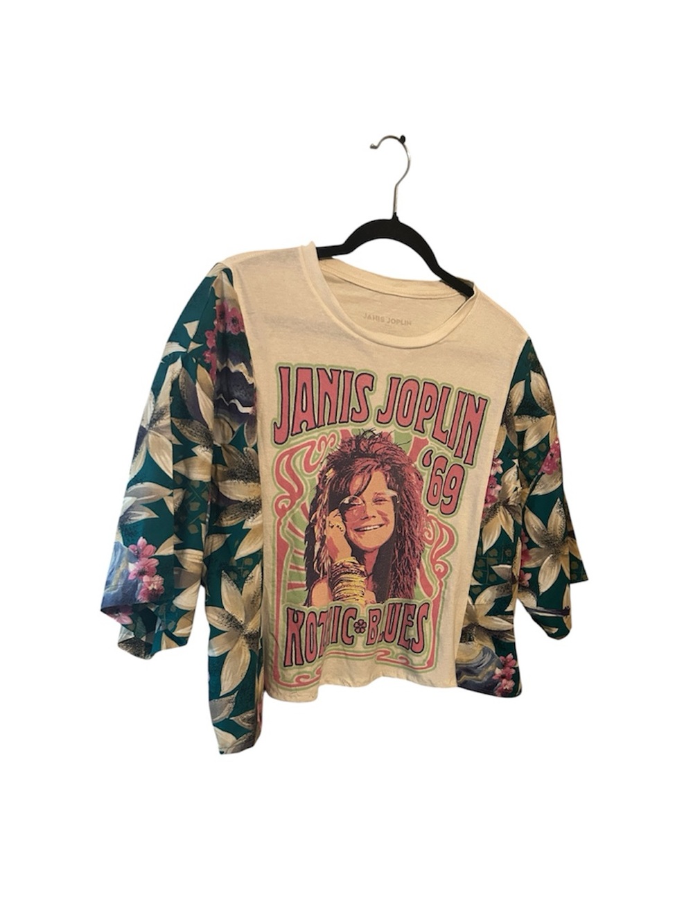 Janis Joplin Graphic Cream Crop Top with Floral Green Sleeves